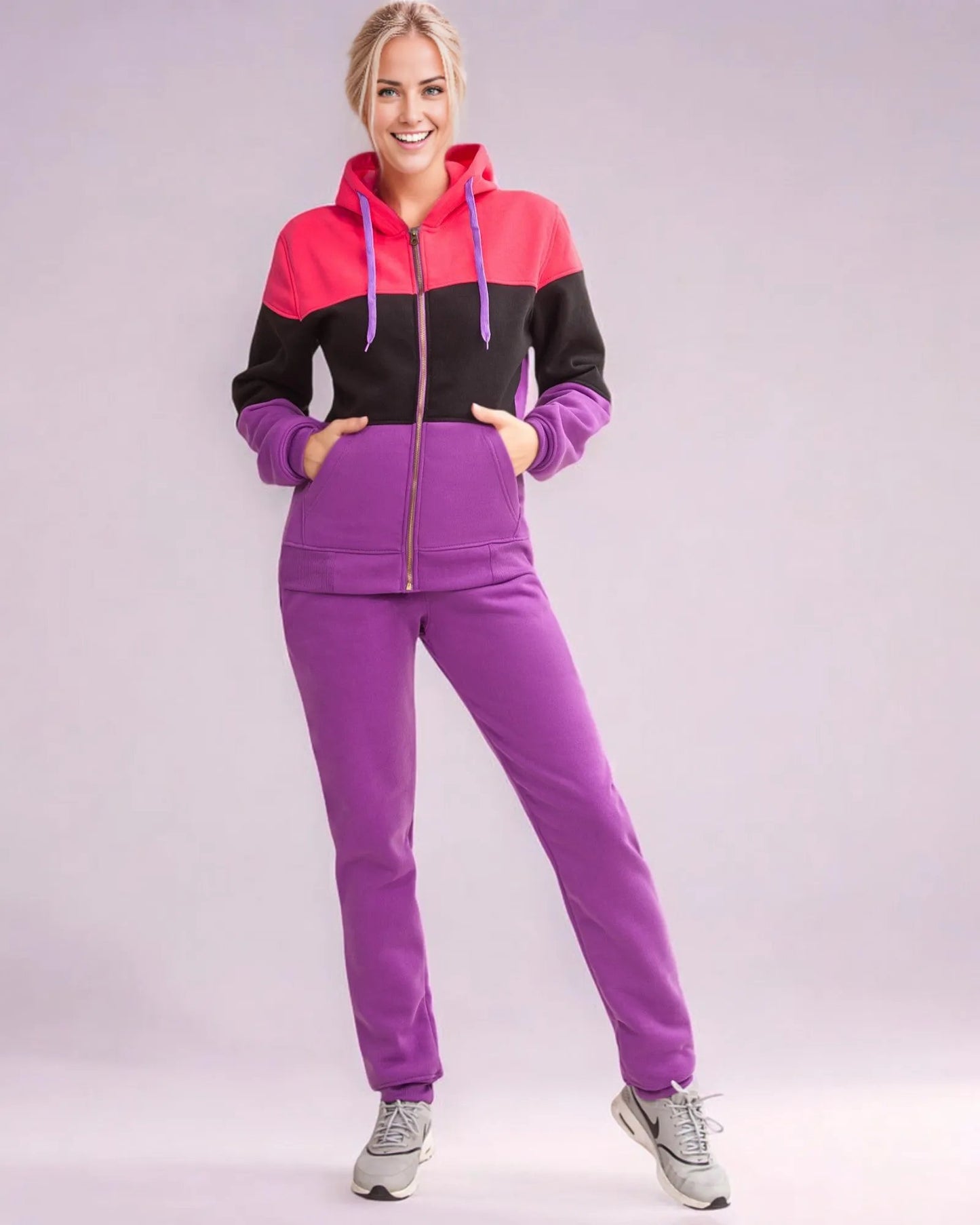 Women's ColorBlock Fleece SweatJacket and Jogger Sweatpants 2-Piece Fleece Suit