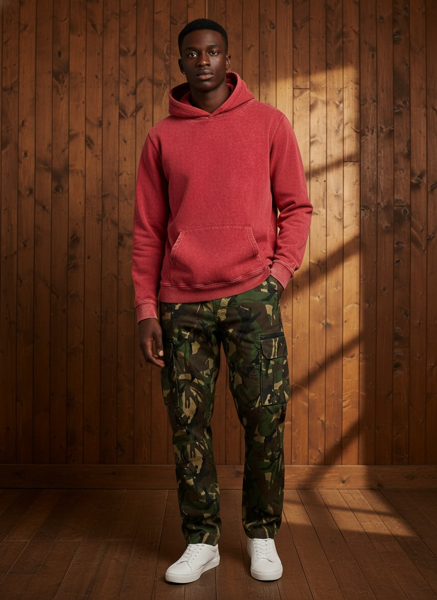 Red men’s vintage acid wash pullover hoodie, alternate view 1