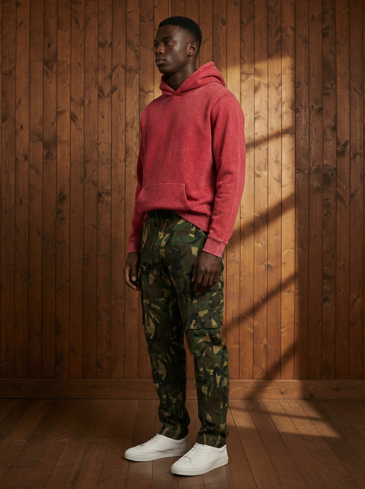 Red men’s vintage acid wash pullover hoodie, alternate view 3