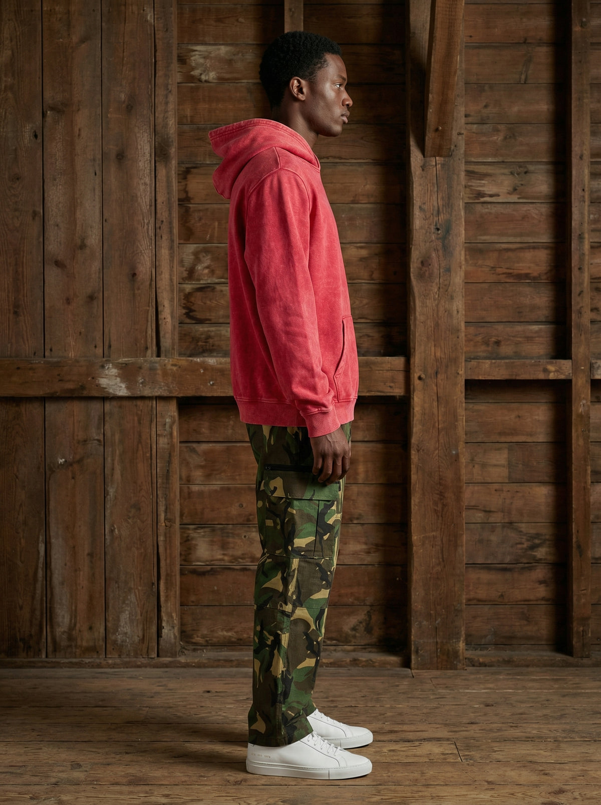 Red men’s vintage acid wash pullover hoodie, alternate view 2