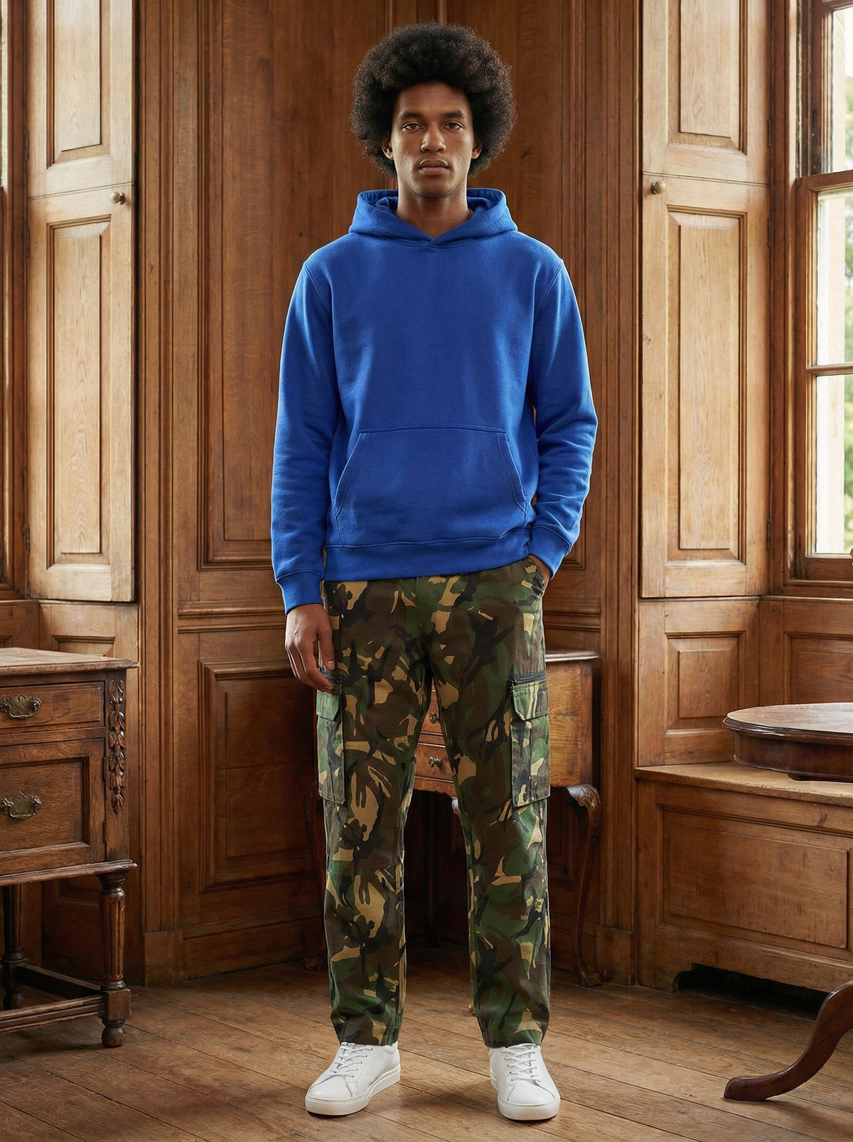 Royal blue CloudSoft cotton fleece pullover hoodie lifestyle view