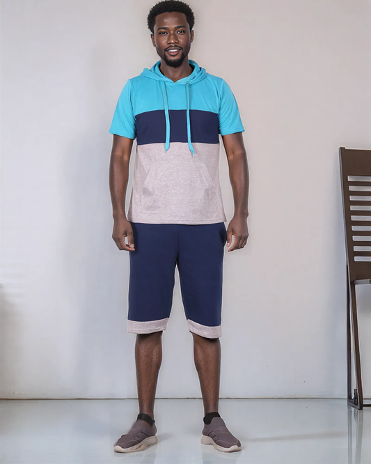 Men’s 2-piece Color block Short Set pullover Hoodie with matching shorts