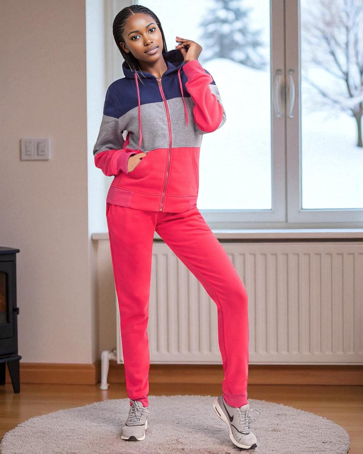 Women's ColorBlock Fleece SweatJacket and Jogger Sweatpants 2-Piece Fleece Suit