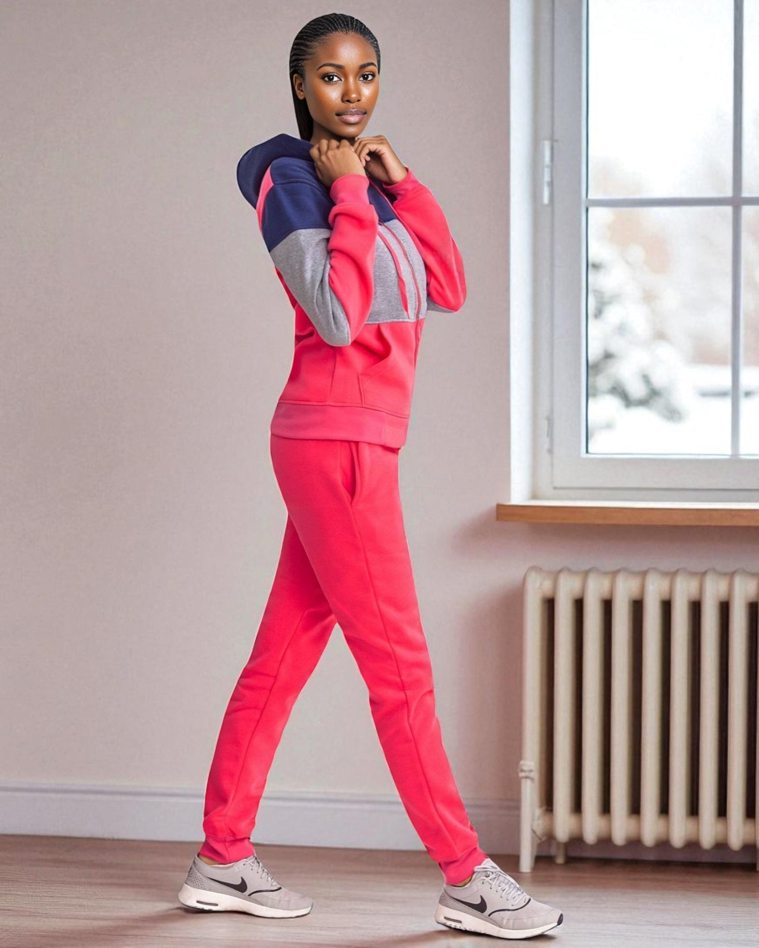 Women's ColorBlock Fleece SweatJacket and Jogger Sweatpants 2-Piece Fleece Suit