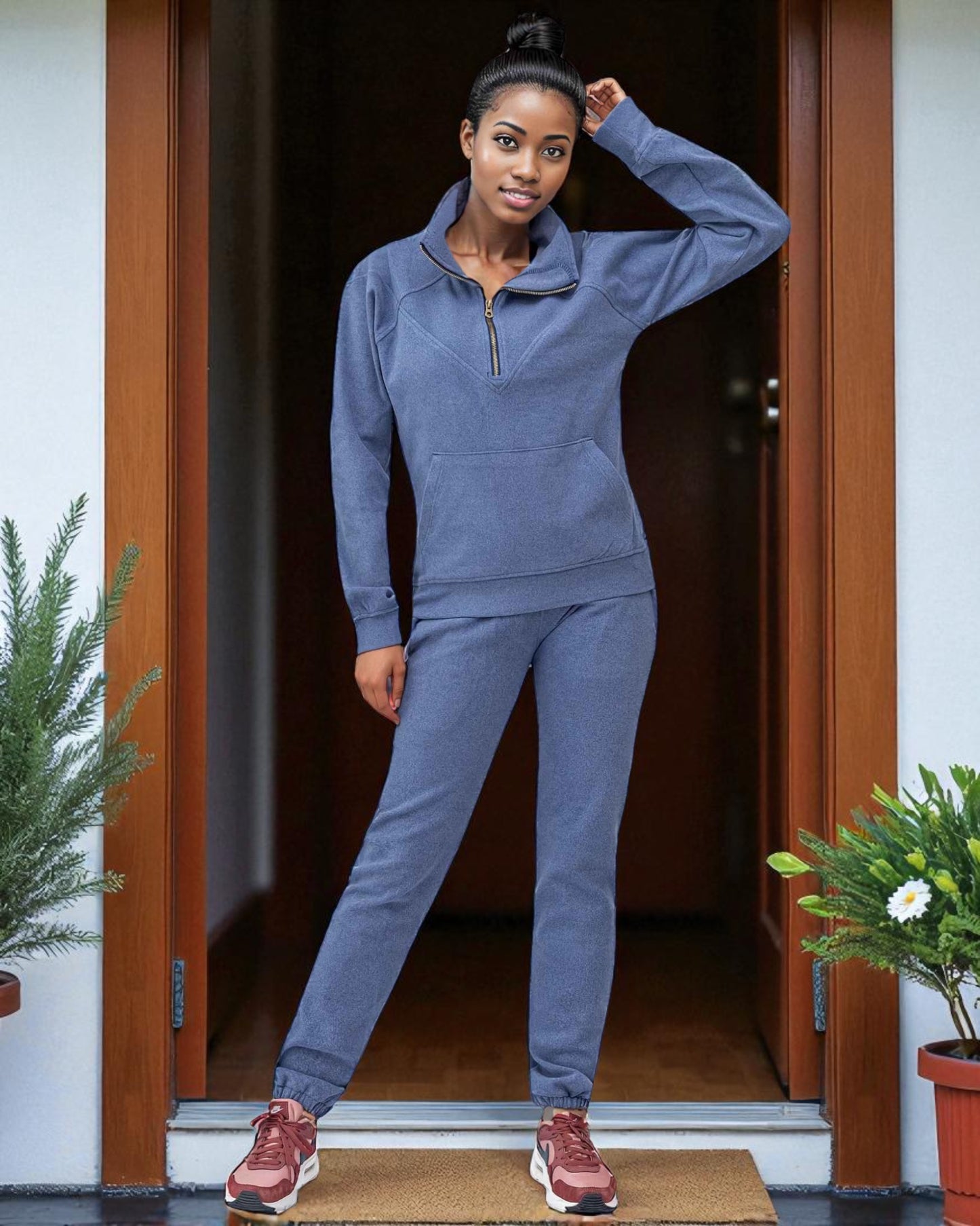 Women's 2-Piece Quarter Zip Sweatsuit Soft Stretch Fleece outfit