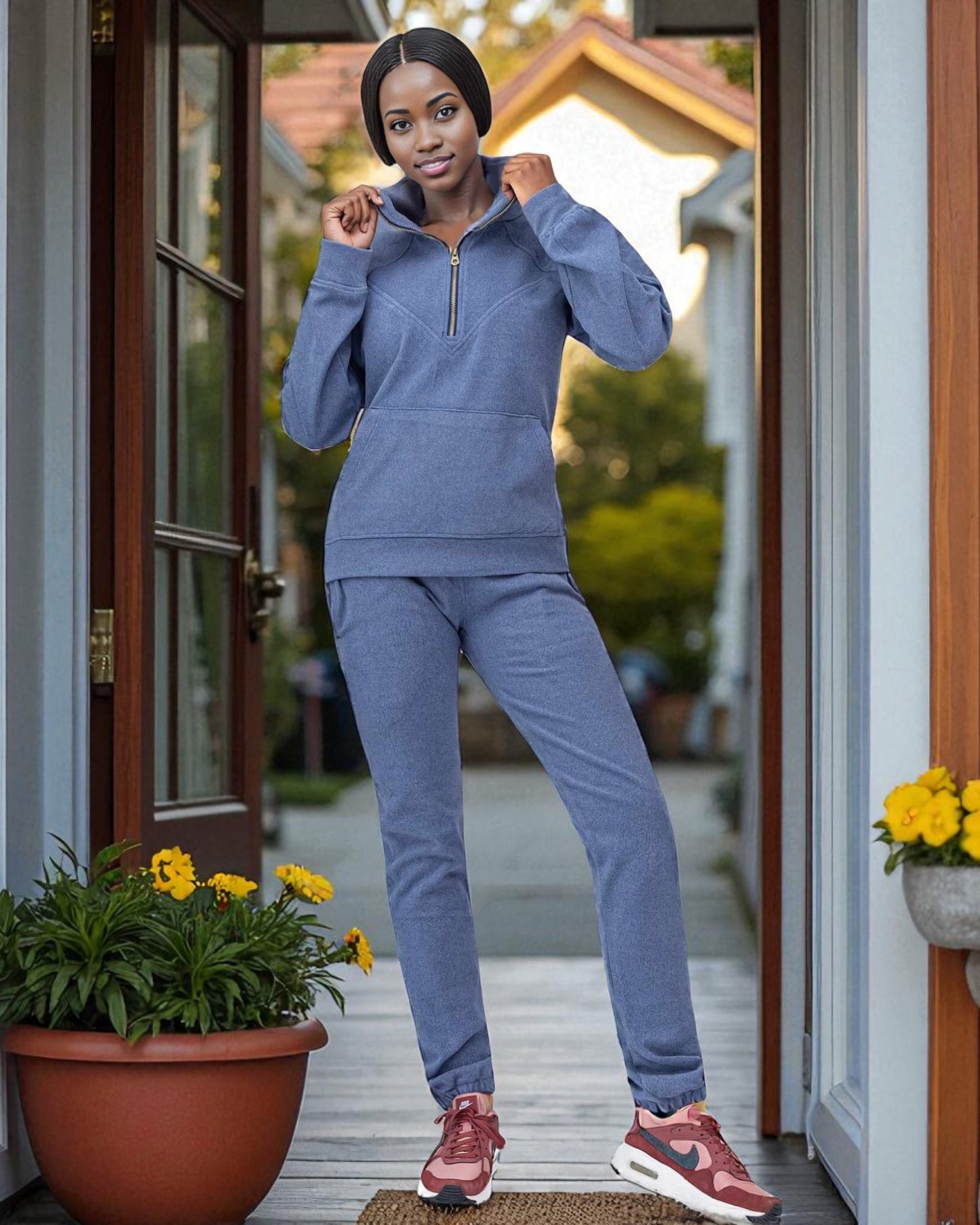 Women's 2-Piece Quarter Zip Sweatsuit Soft Stretch Fleece outfit