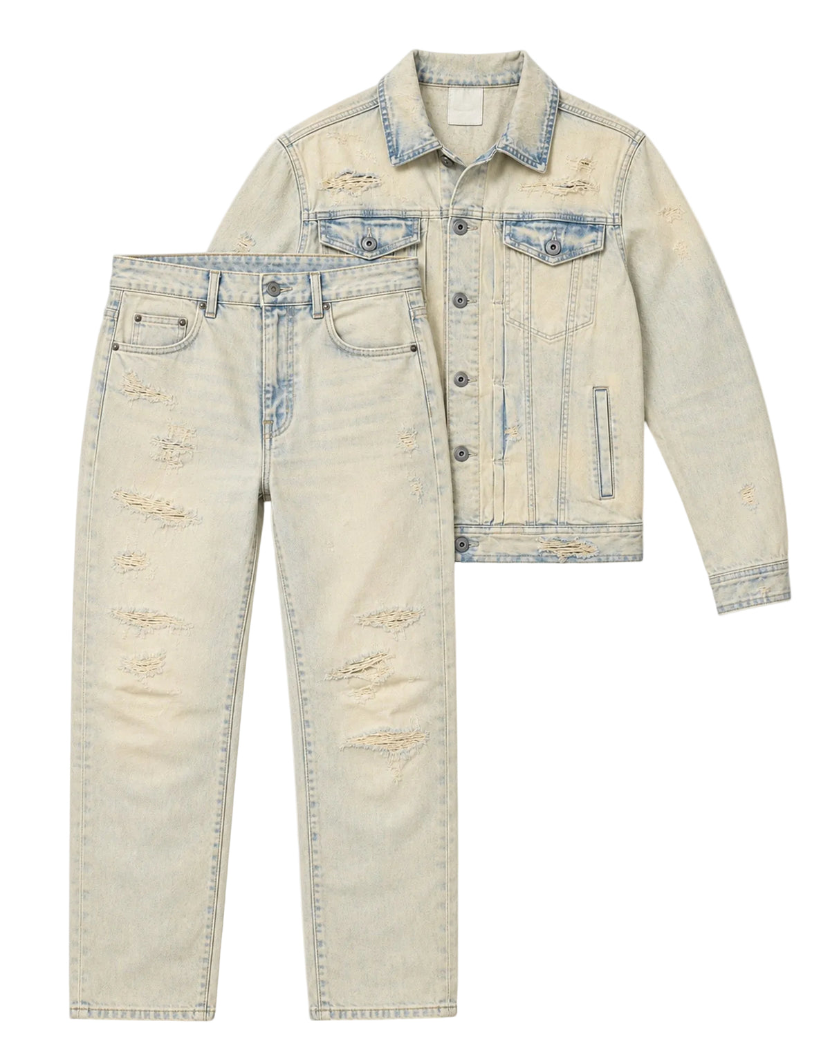 Men’s Vintage Distressed Light Wash Denim Jacket & Jeans Set
