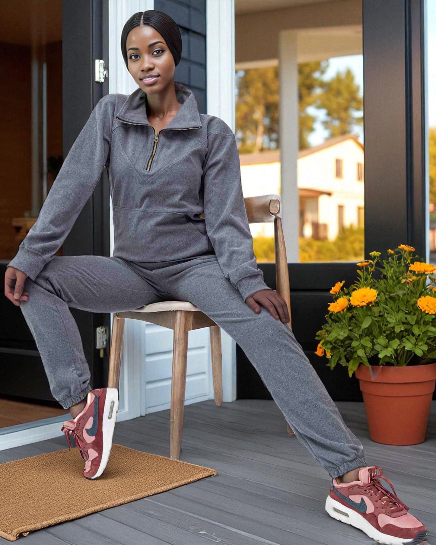Women's 2-Piece Quarter Zip Sweatsuit Soft Stretch Fleece outfit