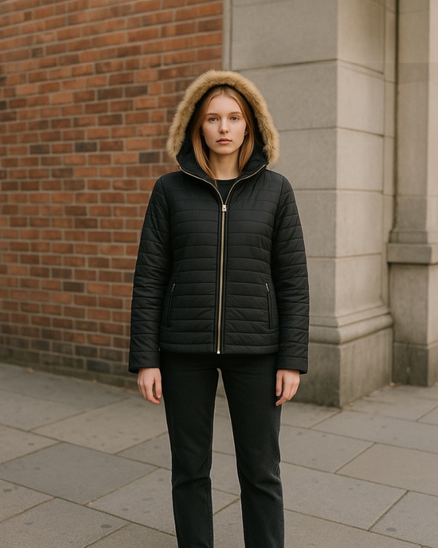 Women’s Plus Size Lightweight Bubble Jacket with Removable Oxford Fur