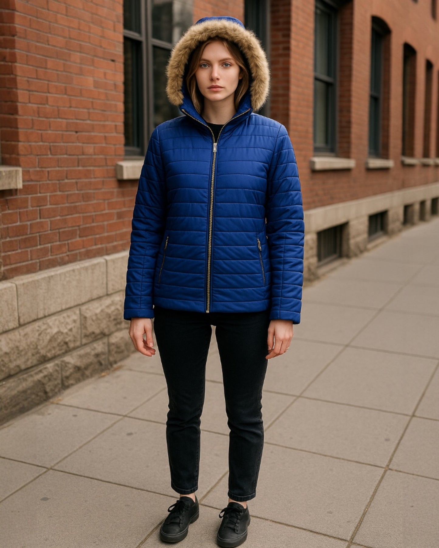 Women’s Plus Size Lightweight Bubble Jacket with Removable Oxford Fur