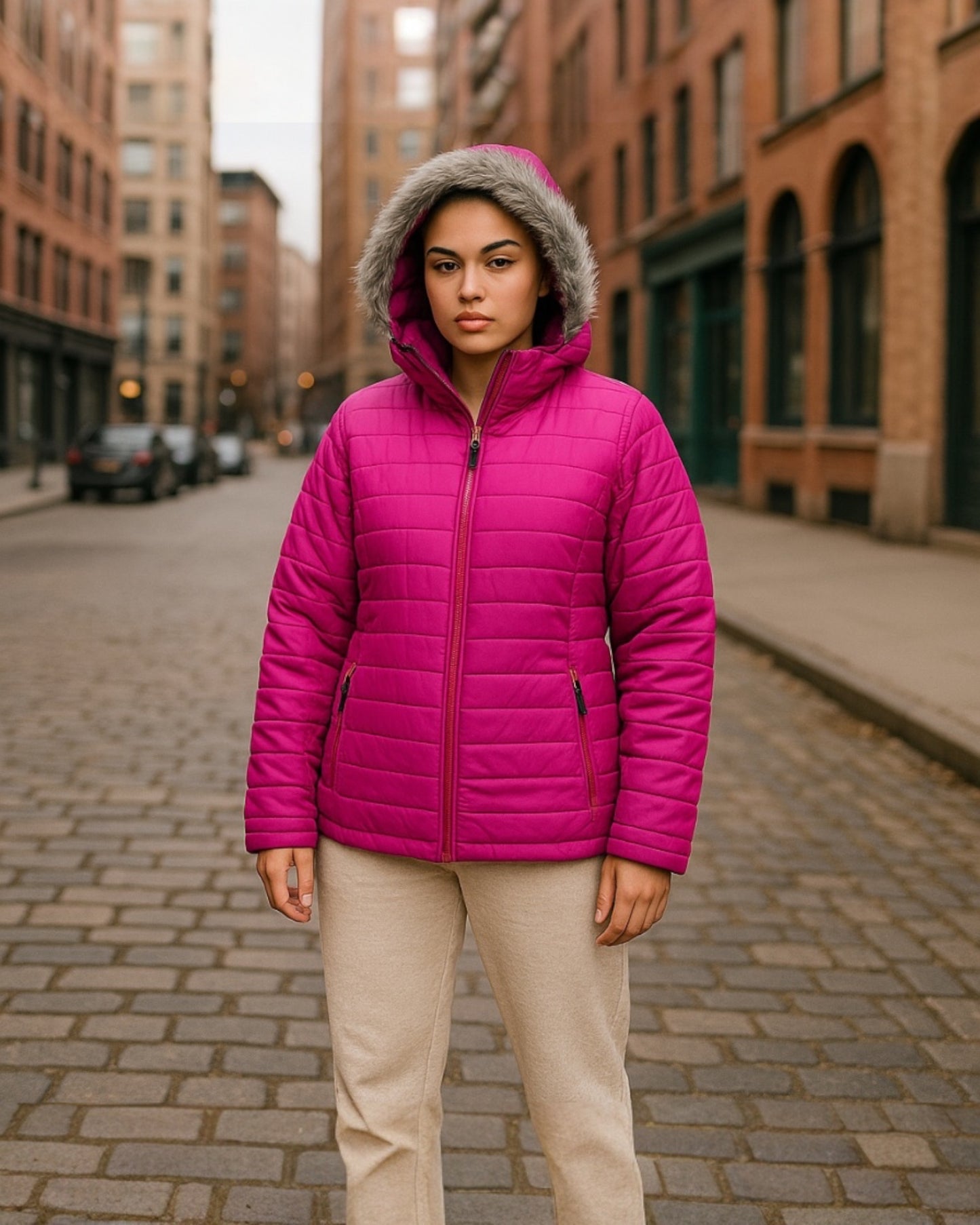 Women’s Plus Size Lightweight Bubble Jacket with Removable Oxford Fur