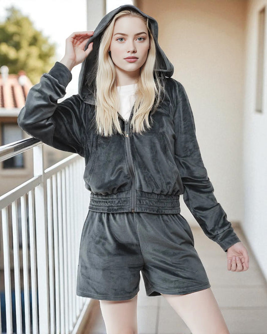 Women's Velvet Short Hood & Shorts Set