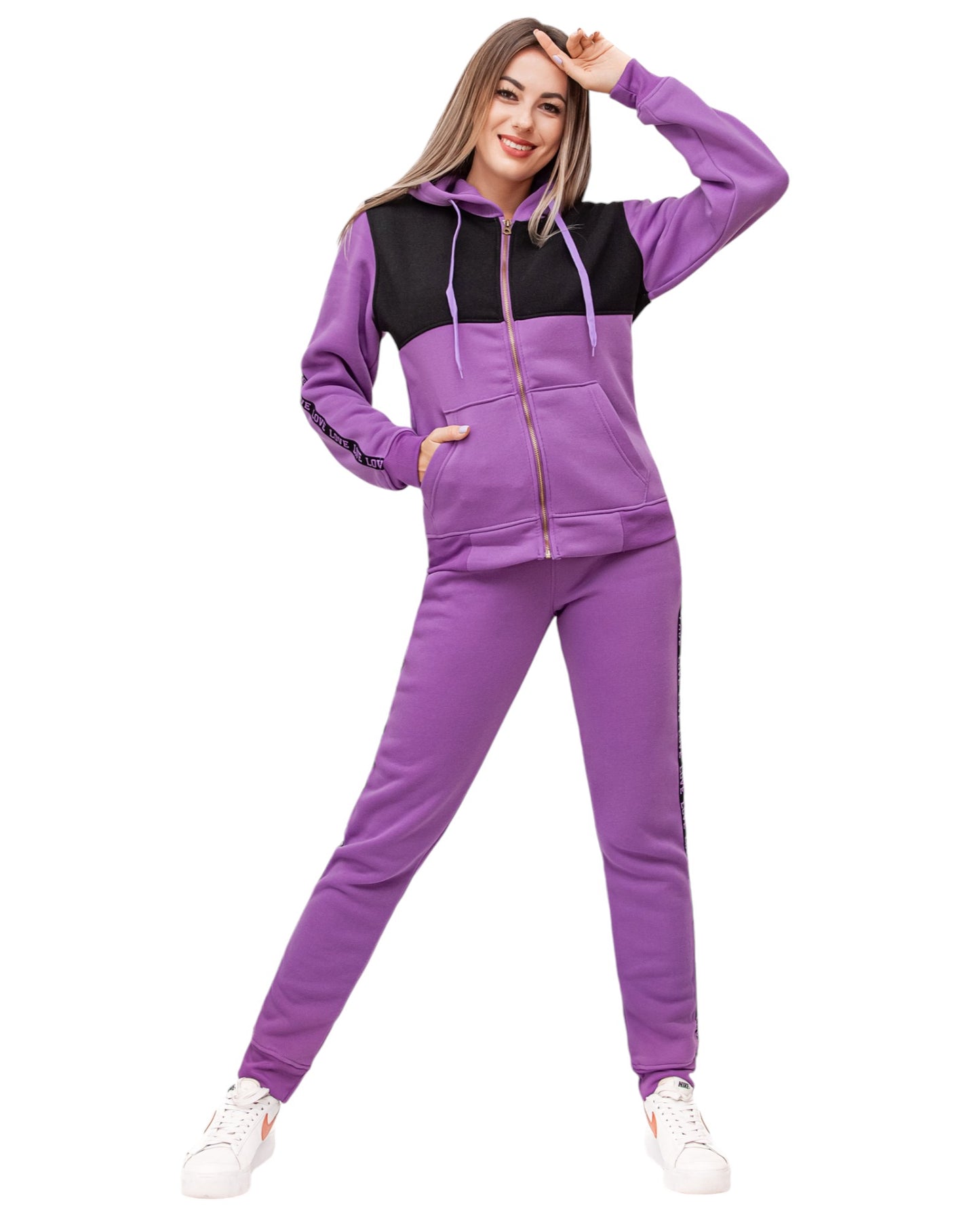 Women’s Lightweight Soft Fleece Jogger Style Sweat Jacket & Pants Activewear 2 piece Love Stripe Sweat Suit