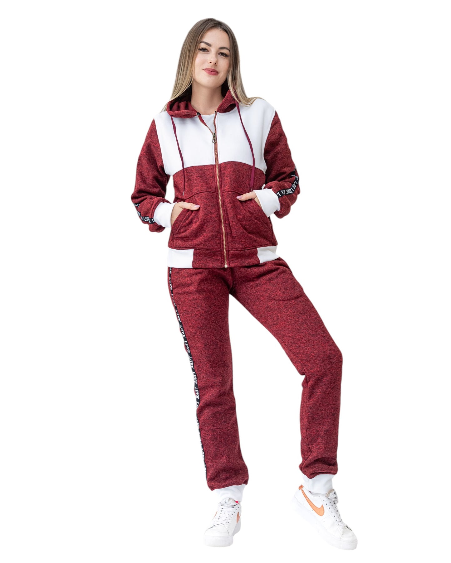 Women’s Lightweight Soft Fleece Jogger Style Sweat Jacket & Pants Activewear 2 piece Love Stripe Sweat Suit