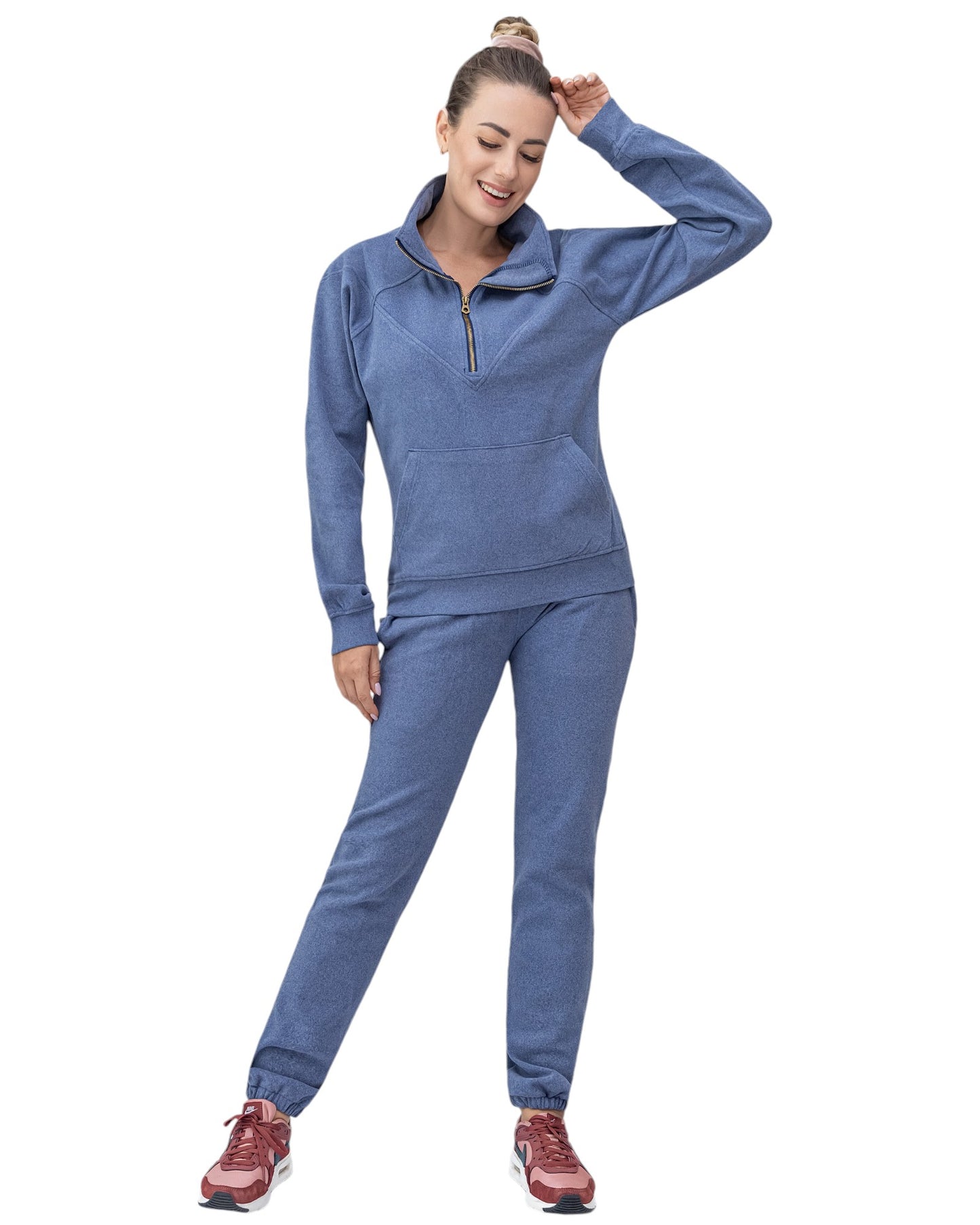 Women's 2-Piece Quarter Zip Sweatsuit Soft Stretch Fleece outfit