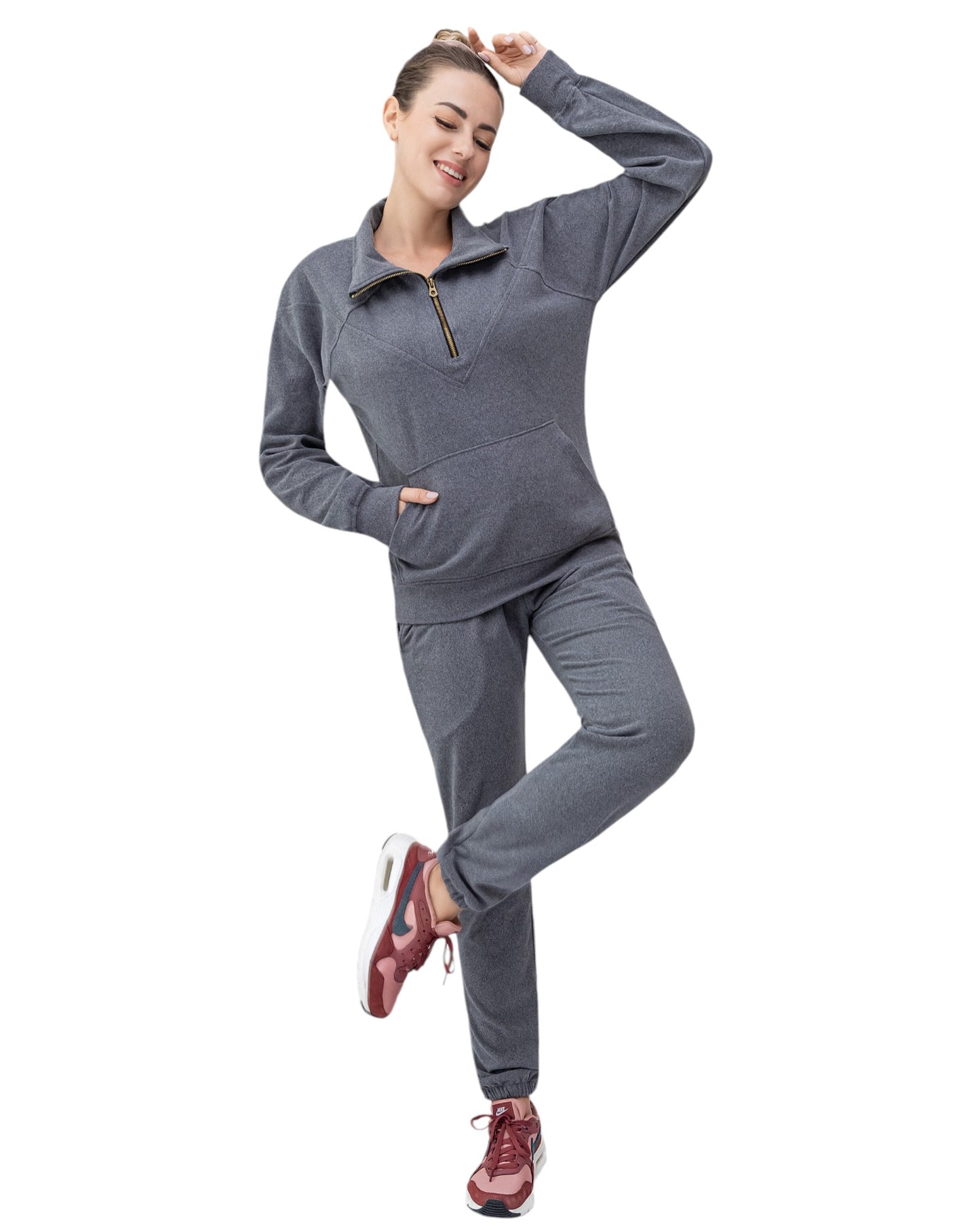 Women's 2-Piece Quarter Zip Sweatsuit Soft Stretch Fleece outfit