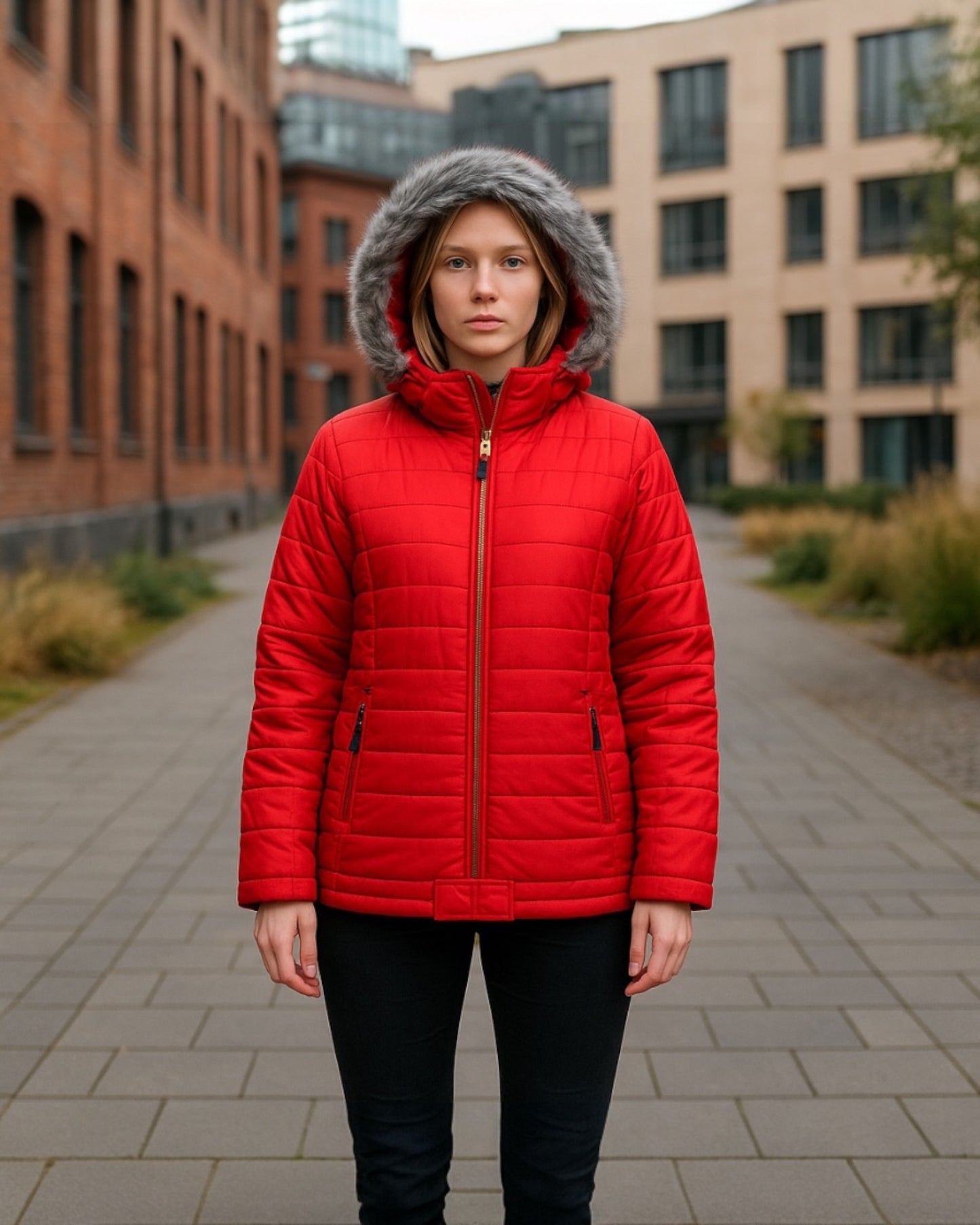 Women’s Plus Size Lightweight Bubble Jacket with Removable Oxford Fur