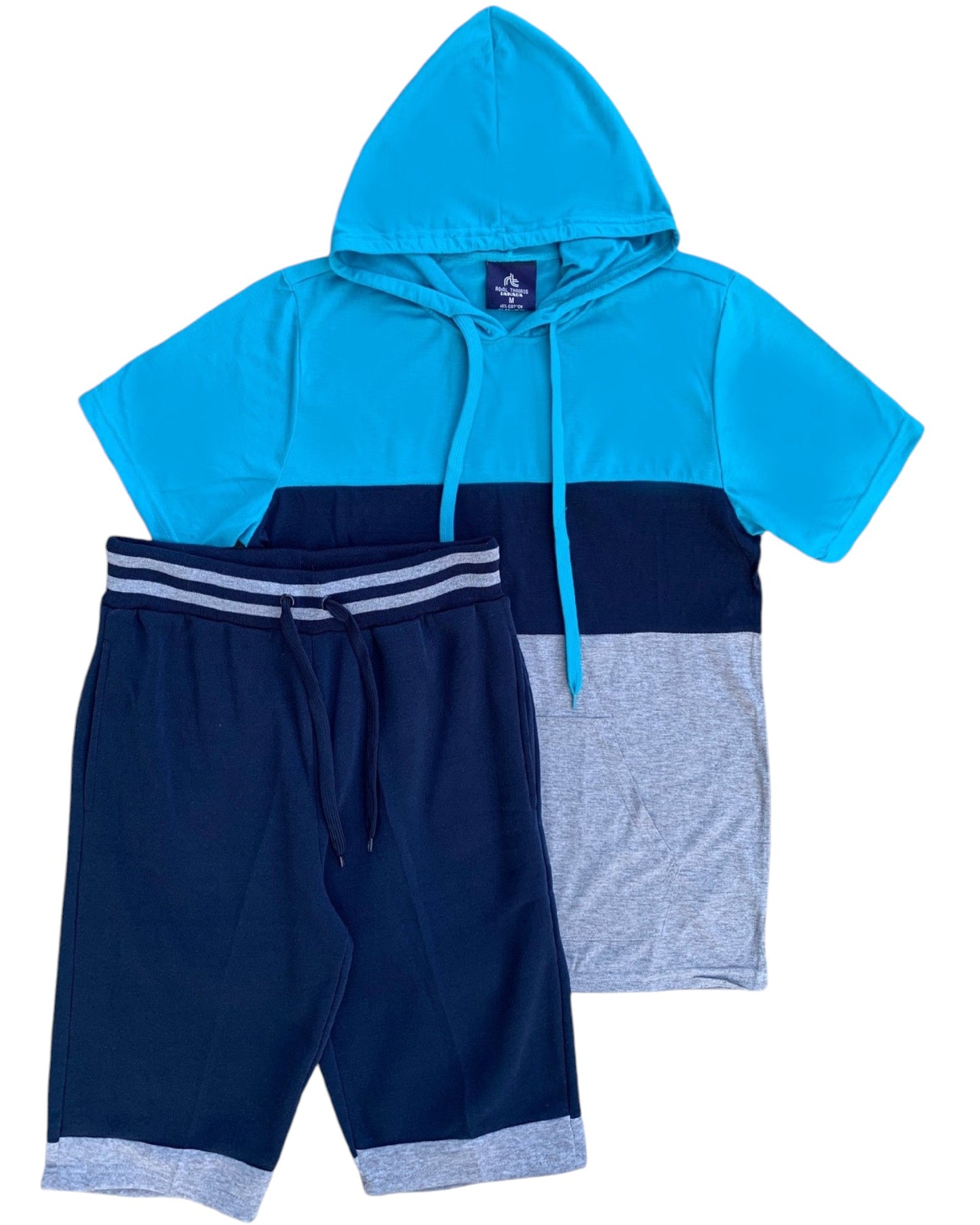 Men’s 2-piece Color block Short Set pullover Hoodie with matching shorts