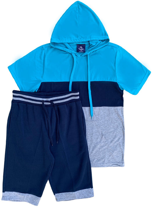 Men’s 2-piece Color block Short Set pullover Hoodie with matching shorts