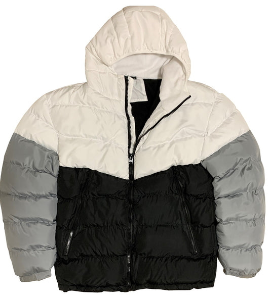Men Heavy Winter Jacket Color-Block Fleece Insulated with Hood